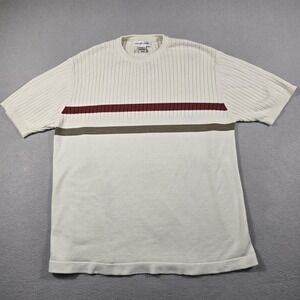 Pierre Cardin Mens M Cream Sweater Short Sleeve Striped Ribbed Knit Crewneck
